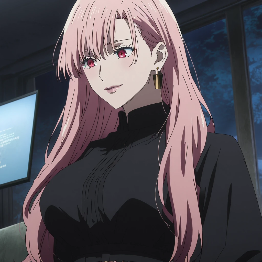 1girl, female gojo satoru, anime screencap from jujutsu kaisen, gojo satoru female version, solo, long_hair, ((Red eyes)) ((Pink_hair, hair over ear from one side))((slicked hair)) , night view, (hanging breasts) upper_body, smile, indoors, lips, (long hair) ((wearing black colour outfit, glossy)) breast, "very detailed and high resolution" (Red eyes) ((solo)) (((front view))) (earings) ((high resolution)) ((good quality)) ((silky hair, hair over ear from one side))((hair slicked)) ((shy))