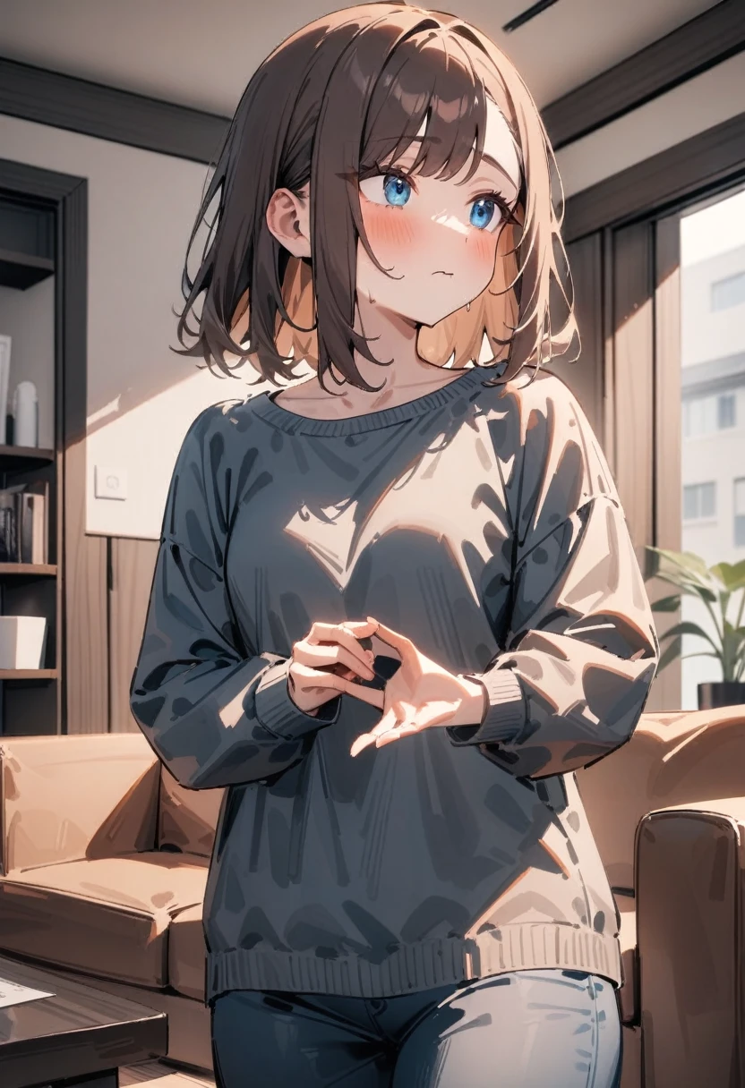 masterpiece, best quality, very aesthetic, absurdres, newest, asymmetrical bangs, tareme, 1girl, solo, young woman, brown hair, shoulder-length hair, blue eyes, looking away, neutral expression, casual clothing, indoor, living room, rejecting an invitation, medium shot