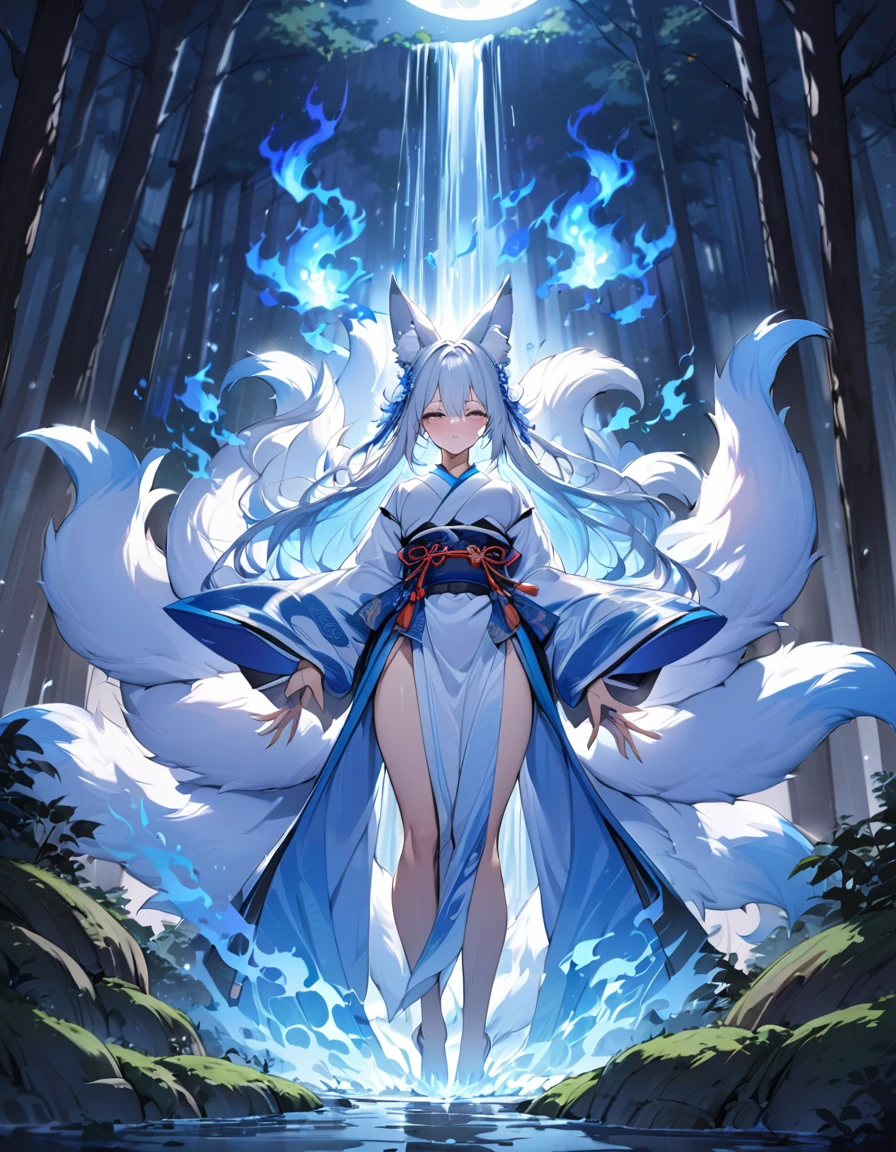 Masterpiece, Extremely detailed, (A beautiful kitsune woman facing a waterfall surrounded by an aura of blue fire), dynamic pose , fox ears, nine fox tails, tails spread out behind her, forest clearing, full moon, moonlight, traditional Japanese clothing.