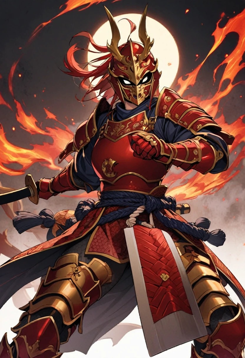 1girl, samurai \(final fantasy\), final fantasyJapanese samurai armor, mask,Breastplate,Pauldrons,Vambraces,Gauntlets,Faulds,Cuisses,Poleyns,Greaves,ornate and detailed, with layered plates and intricate lacing,Traditional kabuto helmet with crescent moon-shaped crest. Rich colors of deep red lacquer and gold accent.,holding a ajapanese sword,fighting stance,flame background,ready for fighting,edo period,masterpiece, best quality, absurdres,