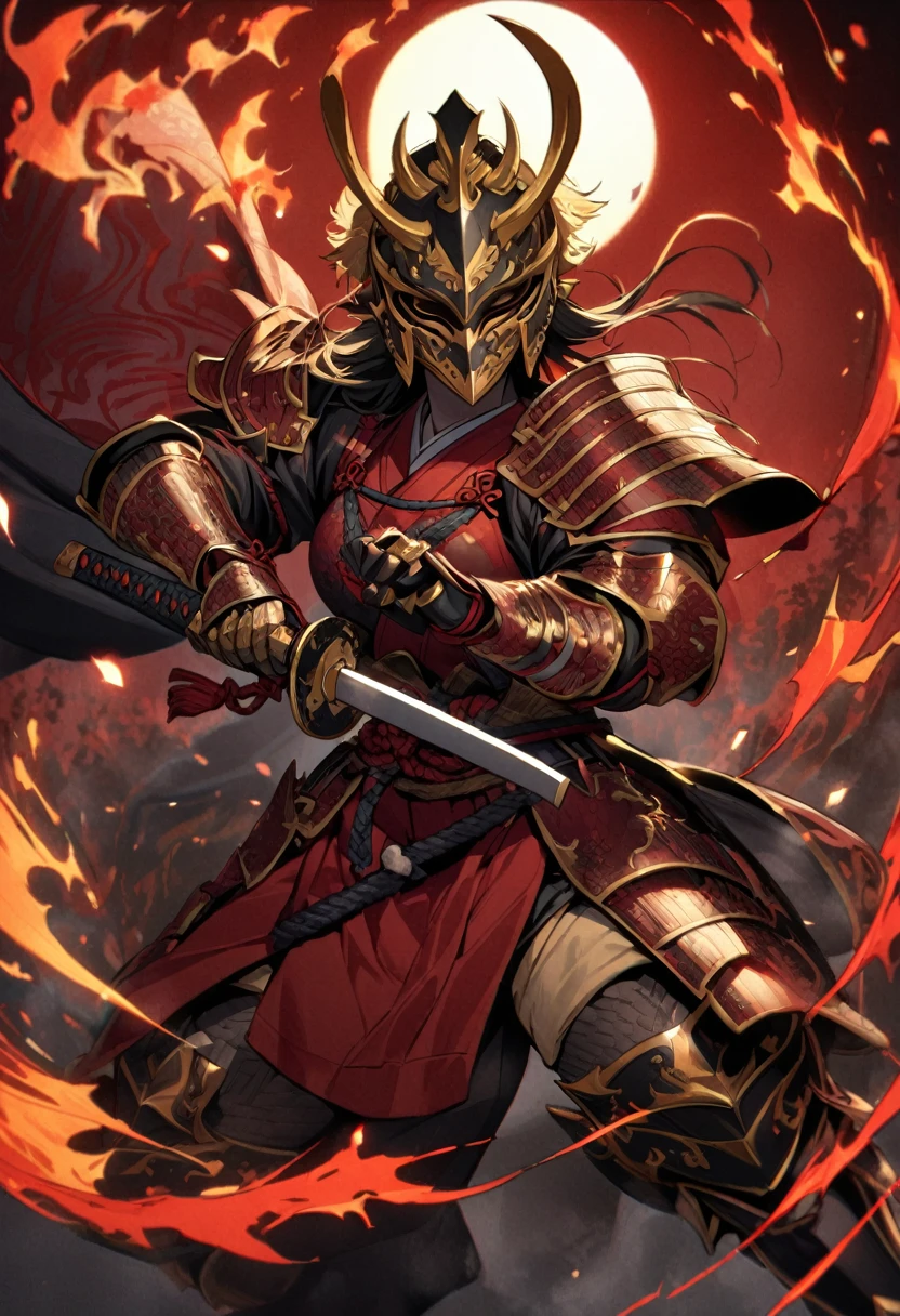 1girl, samurai \(final fantasy\), final fantasyJapanese samurai armor, mask,Breastplate,Pauldrons,Vambraces,Gauntlets,Faulds,Cuisses,Poleyns,Greaves,ornate and detailed, with layered plates and intricate lacing,Traditional kabuto helmet with crescent moon-shaped crest. Rich colors of deep red lacquer and gold accent.,holding a ajapanese sword,fighting stance,flame background,ready for fighting,edo period,masterpiece, best quality, absurdres,
