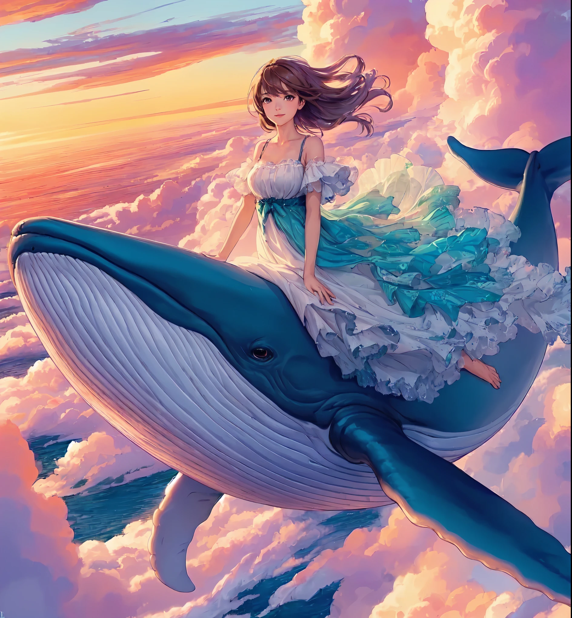 1lady solo, from side, (standing on whale's back), (arms spread wide), (elegant dress) (refreshing attire), (mature female:0.8), /(silver gray hair/) bangs, wind, light smile, (gazing into distance), (masterpiece best quality:1.2) delicate illustration ultra-detailed BREAK ((huge whale flying in the sky), (realistic whale) BREAK (vibrant sky) outdoors, (sea of clouds), at dusk, detailed background