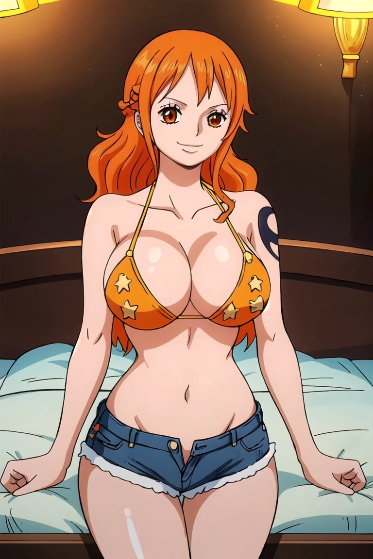 (masterpiece, best quality:1.4), cinematic light, colorful, high contrast, (1girl), nami, onepieceanime, ((large breasts)), orange hair, long hair, night, bath, bathing, nude, desnudo, armpits, smile, blused, armpit