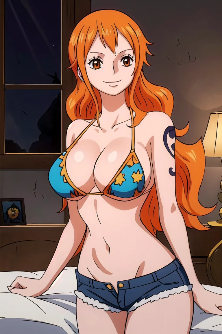 nami,((long straight orange hair )) , shoukder tattoo (8k, RAW photo, best quality, masterpiece:1.2), (intricate details), big breasts , wide hips , milf body ,sexy body, perfect eyes, perfect face, perfect lighting, beautiful, (masterpiece:1.2), (best quality:1.2), 1girl, , micro bikini top , denim shorts , bedroom ,smile