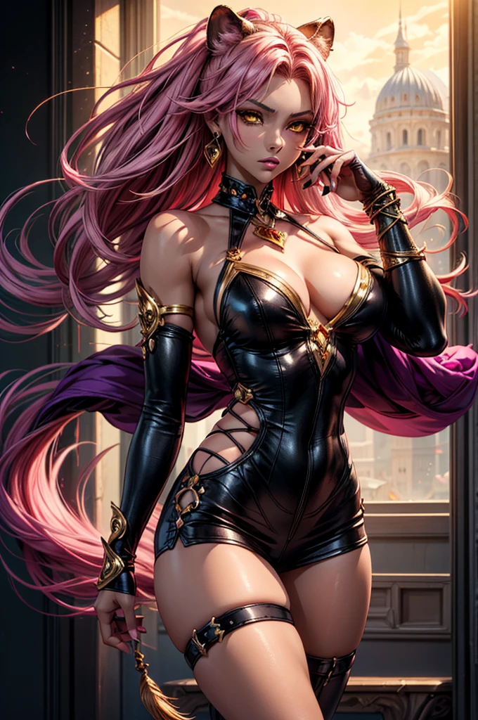 ingridms,Large breasts,Erected nipples,maturefemale, (dark skinned female:1.2), Dark skin, Determined, Pink red hair, Gorgeous wavy hair,Soft tendrils hair, Hair intake, makeup, lip stick, (mole under mouth:0.8), Eyelashes, Yellow eyes, (Ultramini Aodai,Delicate decoration, intricate beading, Jewelry and sequins and embroidered dresses),(No panties:1.2),exposed bare shoulders, Outdoors, stage, (Fashion Show:1.1)，Looking at Viewer,(hight resolution, High quality:1.1), Intricate details, Cinematic lighting, 1girl in,(Cool Beauty),(Metal collar),