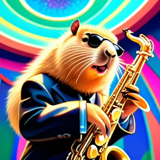 low angle, The photo shows a cute capybara wearing black sunglasses and playing the saxophone on a stage. psychedelic ocean background, the head is raised. The overall impression is humorous and adventurous. The intricate details of the mouse's fur, whiskers and claws are meticulously reproduced and make it appear lifelike.