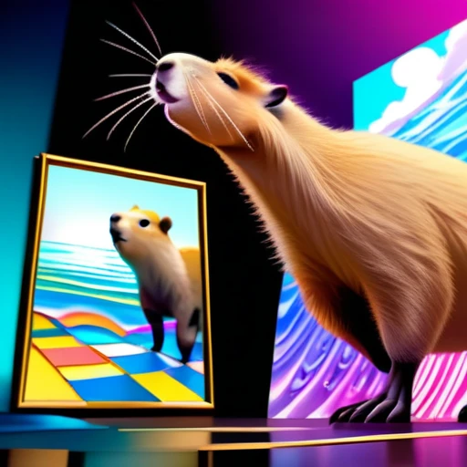 low angle, The photo shows a cute capybara wearing black sunglasses and playing the saxophone on a stage. psychedelic ocean background, the head is raised. The overall impression is humorous and adventurous. The intricate details of the mouse's fur, whiskers and claws are meticulously reproduced and make it appear lifelike.