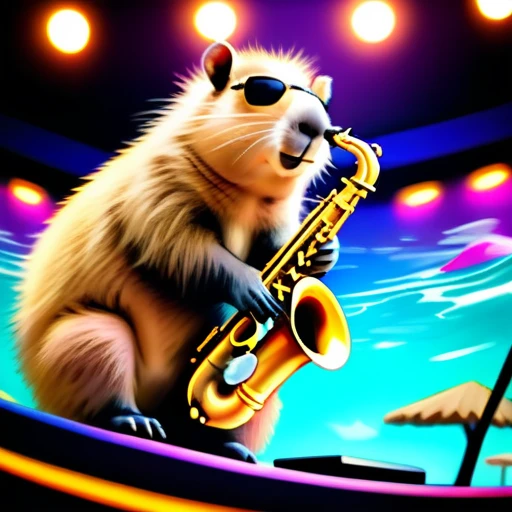 low angle, The photo shows a cute capybara wearing black sunglasses and playing the saxophone on a stage. psychedelic ocean background, the head is raised. The overall impression is humorous and adventurous. The intricate details of the mouse's fur, whiskers and claws are meticulously reproduced and make it appear lifelike.