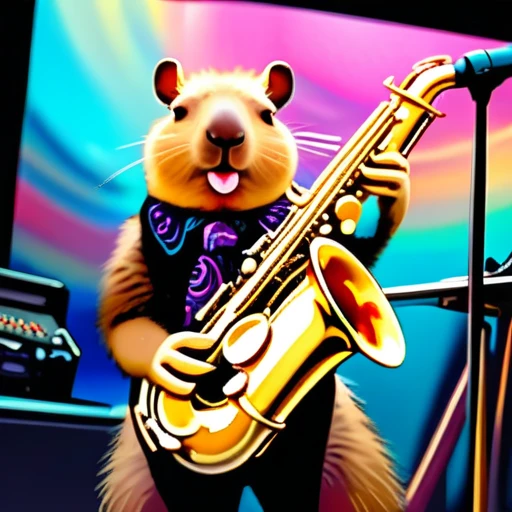 low angle, The photo shows a cute capybara wearing black sunglasses and playing the saxophone on a stage. psychedelic ocean background, the head is raised. The overall impression is humorous and adventurous. The intricate details of the mouse's fur, whiskers and claws are meticulously reproduced and make it appear lifelike.