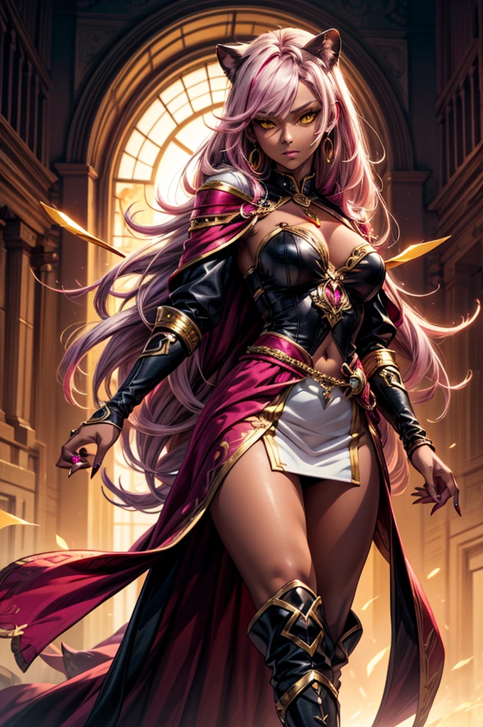 There is lost coliseum there in battle stance stand female lioness , she have ebony colour skin beautiful yellow eyes dark gold eyeshadows make up, ring style earrings, her hair is purple with pink highlights . she dressed in white neather topic with golden parts on countures also short and white leather straps on her legs instead of boots, her hands have hude ruby claws on her fingers, (ultra high quality fantasy art, dark fantasy style, masterpiece, ultra high quality character design, 8k quality anime art, realistic anime art, top quality wallpaper illustration, detailed ultra high quality accurate face, high quality design and accurate physic)