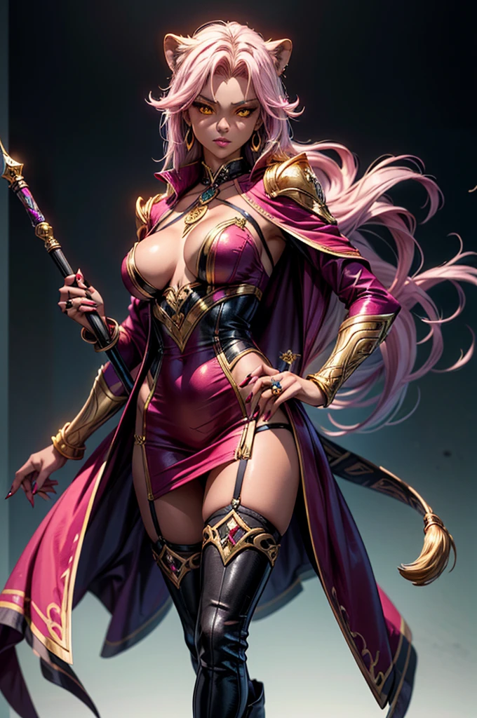 There is lost coliseum there in battle stance stand female lioness , she have ebony colour skin beautiful yellow eyes dark gold eyeshadows make up, ring style earrings, her hair is purple with pink highlights . she dressed in white neather topic with golden parts on countures also short and white leather straps on her legs instead of boots, her hands have hude ruby claws on her fingers, (ultra high quality fantasy art, dark fantasy style, masterpiece, ultra high quality character design, 8k quality anime art, realistic anime art, top quality wallpaper illustration, detailed ultra high quality accurate face, high quality design and accurate physic)