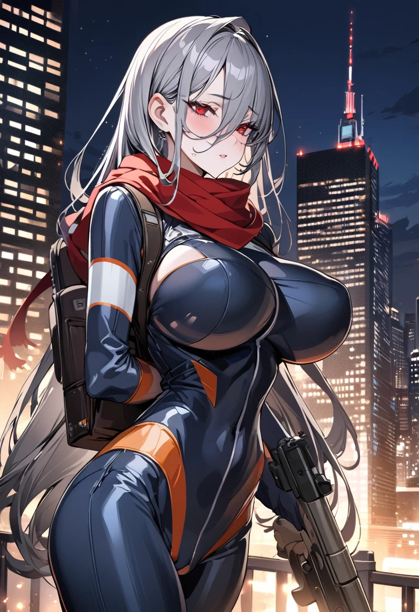 Best Quality, 8k, High resolution, high quality, masterpiece, Beautiful, (Anatomically correct:1.2), A beautiful woman, 20th Generation, Silky gray hair, Straight Long, long bangs that hide one eye, Red eyes, Beautiful Skin, Tall and toned body, pointy big breasts, Rider Suit, Scarf, Gun on your back, night, skyscraper, evil grin, (looking up), upper body,