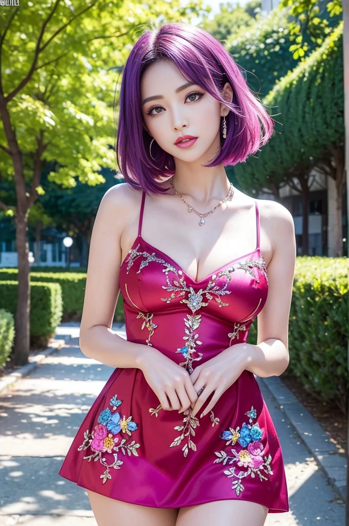 (masterpiece:1.4), (best quality:1.4), ultra high res, ultra high resolution, ((ultra detailed facial features)), HDR, (realistic, photorealistic, photo-realistic:1.37), full body Esbian, y Swedish model, (-anime), vivid colors, ((vivid colors multicolor (fuchsia, pink, light blue, purple) very short hair)), (seductive smile), ultra detailed metallic makeup, lip-gloss, long lashes, defined eyebrows, wearing large sparkling colorful jewelery, wearing a red silk Paradise Kiss cosplay dress with black floral embroidery, ((vivid colors outfit)), vivid colors, look at the camera, cinematic light, large park background with trees, sweet and sexose