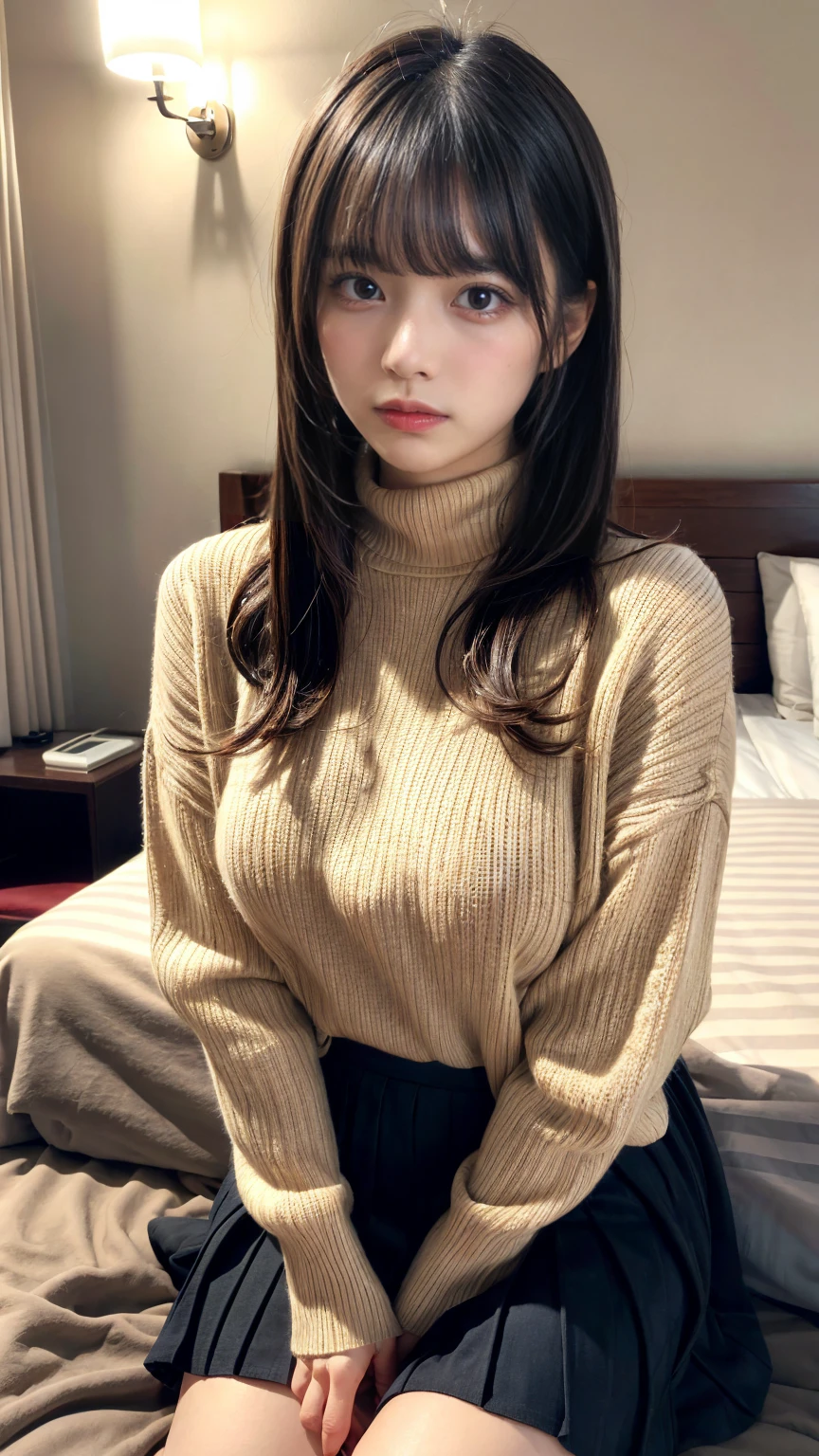 ((highest quality、8k、masterpiece:1.3)),((((cowboy shot)))),Ultra-high resolution,big eyes,Japanese,bangs,(a girl),(1 girl),((20 years old)),((facing at viewer)),(long hair),(((black sweater))),grin,((sitting on chair)),(pleated mini skirt),(((pussy))),((pubic hair)),((skirt lift)),((short crew socks))