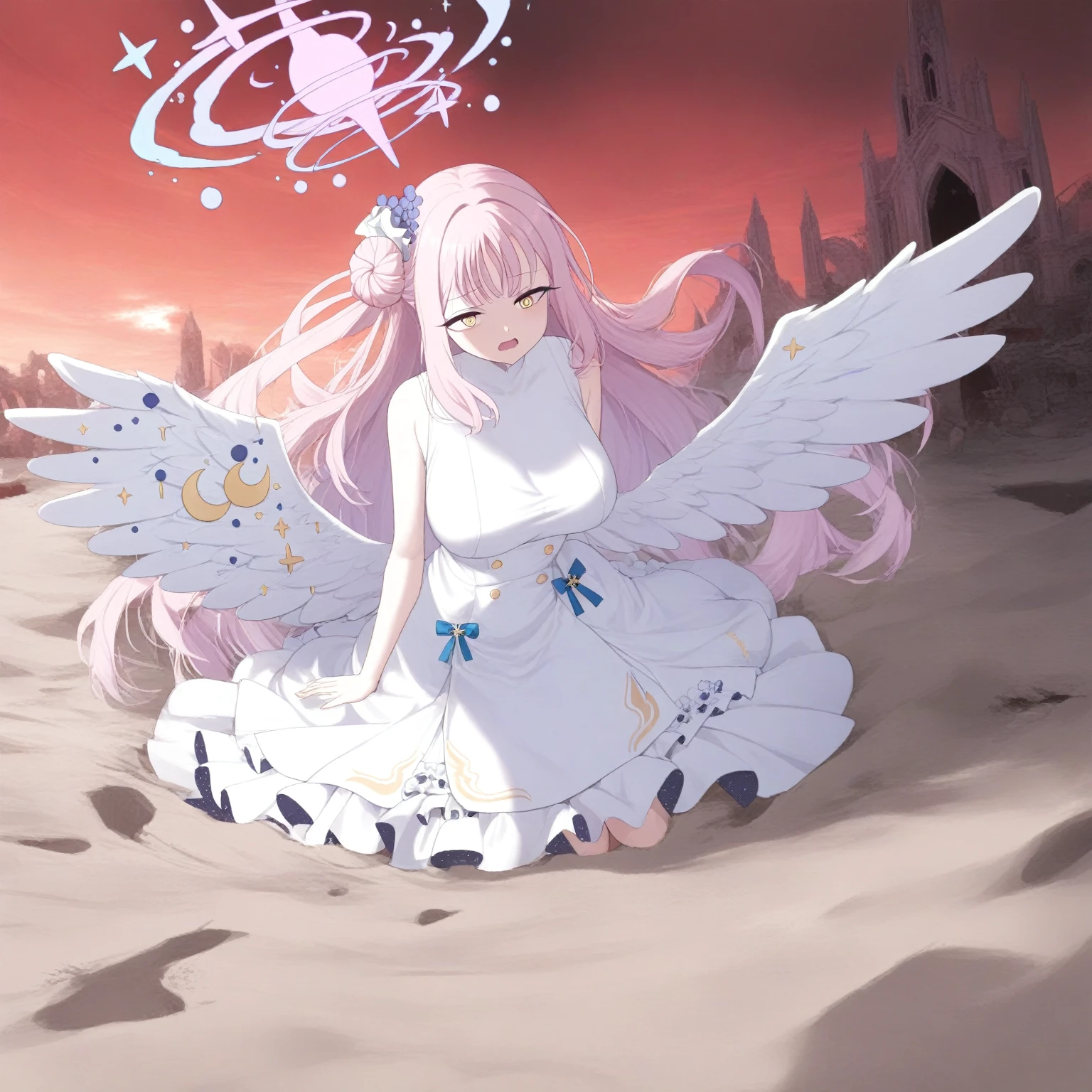 (1girl:1.8), solo, full body,highres,mika_\(blue_archive\),white_wings,feathered_wings,hair_flower,large_breasts,angel_wings,white_dress,low_wings, glaring eyes, open_mouth, emerged, red aura, menacing, mysterious, abandoned, historic, collapsed_cathedral, deserted, sands, dripping_blood, red sky