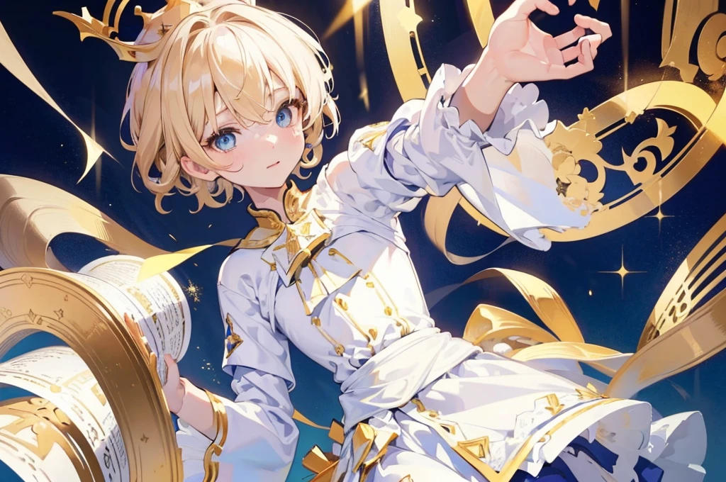 (Highest quality) (4K) (8k) (High resolution) (masterpiece:1.2) (Super detailed) One boy short hair Wizard Blue Eyes Long sleeve Golden decoration Hair between the eyes White Dress Wavy golden hair Upper Body (large crown) (White Background) front Face close-up Cast a spell