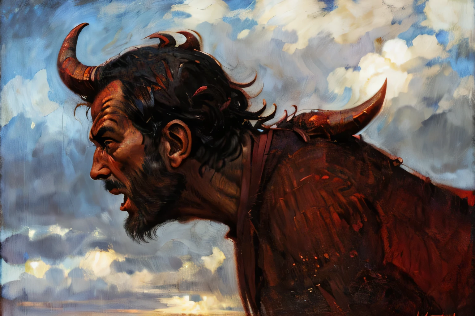 devil facing his head to the sky with angry, high detail