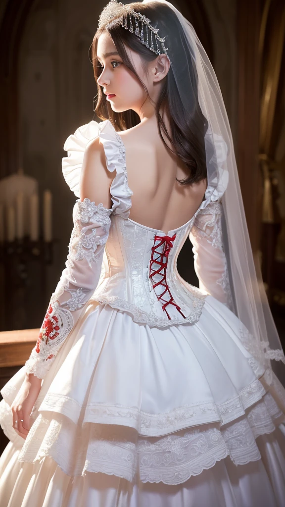 ((Very detailed CG ユニティ 8k 壁紙)), masterpiece, Very detailed, floating, High resolution, Sexually suggestive, (small, Extremely long white hair, Princess, White Mage, blue eyes, (It has long, wide sleeves and intricate embroidery.、A gorgeous layered long dress in white and red with a sheer look), Bridal Veil, Circlet, Bridal Gauntlet, blush, shy, arched back, Frilled petticoat, Glamorous corset,