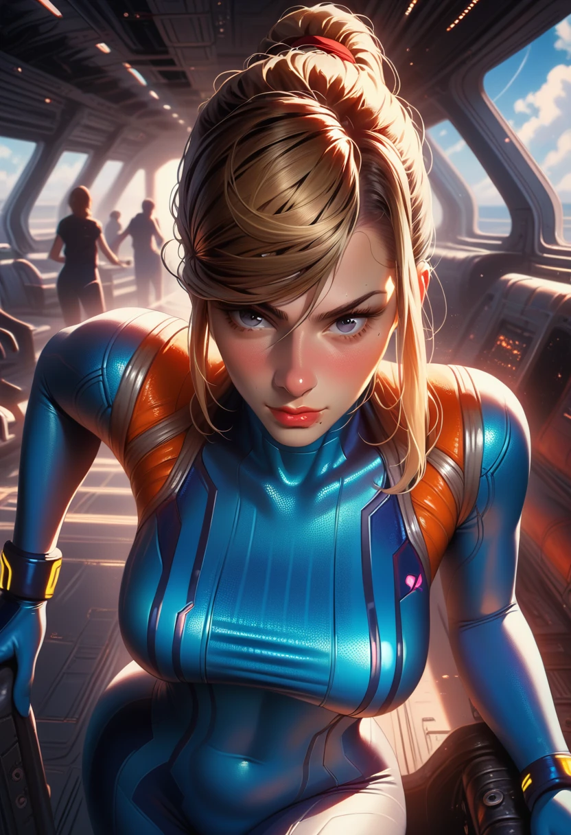 1girl, Samus Aran, large breasts, eyes blue (detailed:1.8), intense pleasure, realistic,curly hair, blondie, source_anime, ponytail, cute, zero suit, large breasts, space ship, dramatic lighting, pretty girl, detailing face, detailing eyes, solo,