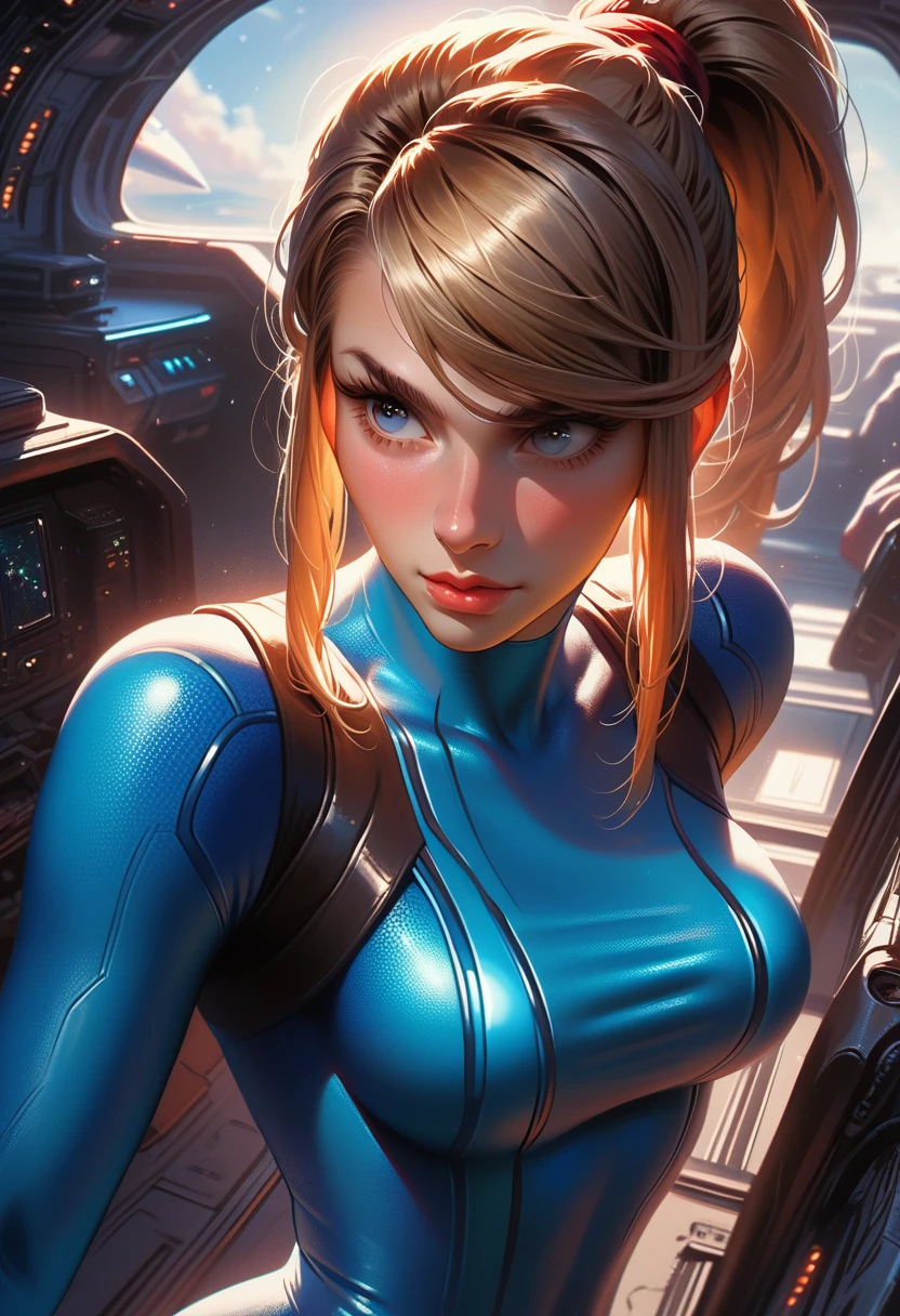 1girl, Samus Aran, large breasts, eyes blue (detailed:1.8), intense pleasure, realistic,curly hair, blondie, source_anime, ponytail, cute, zero suit, large breasts, space ship, dramatic lighting, pretty girl, detailing face, detailing eyes, solo,