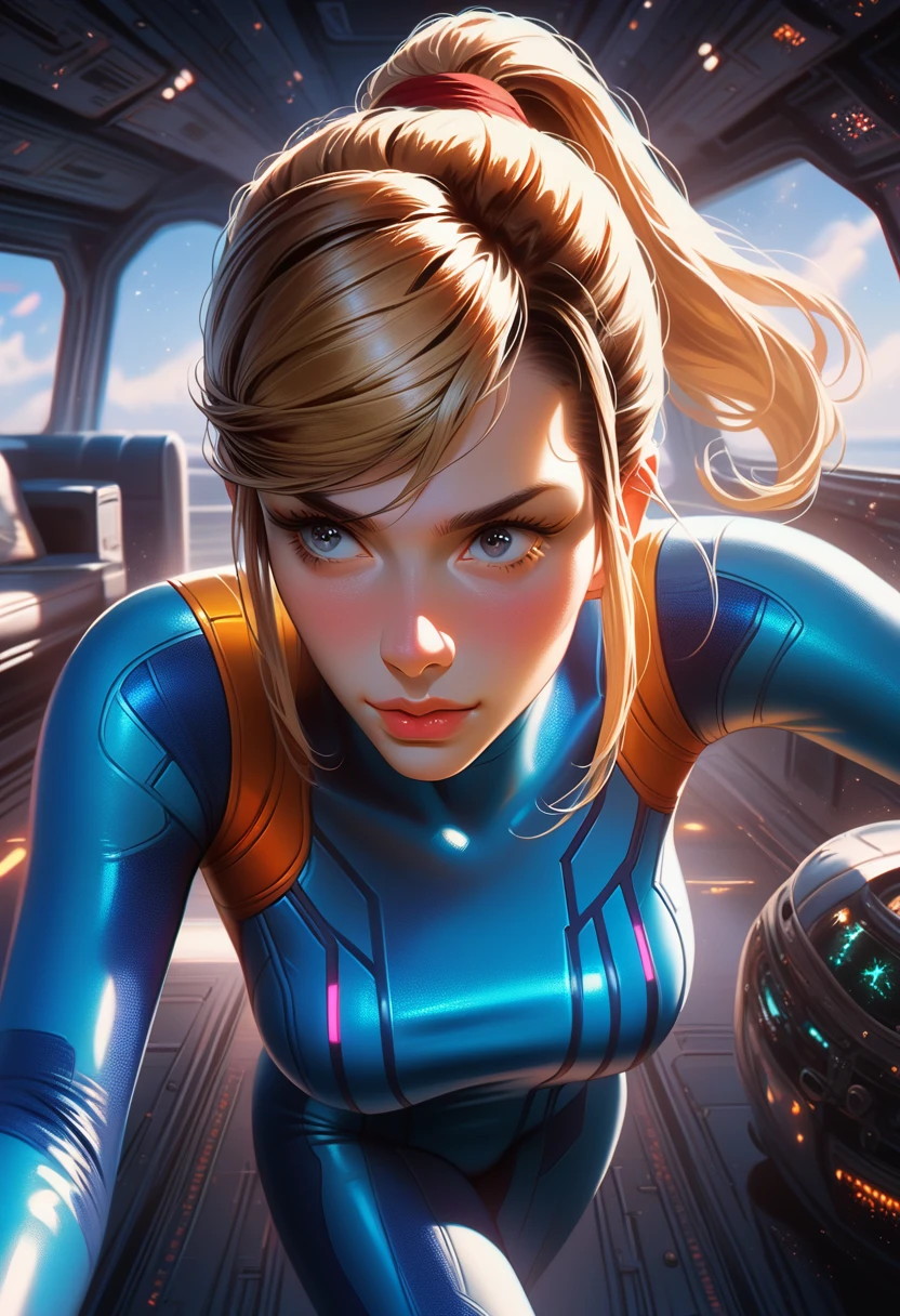 1girl, Samus Aran, large breasts, eyes blue (detailed:1.8), intense pleasure, realistic,curly hair, blondie, source_anime, ponytail, cute, zero suit, large breasts, space ship, dramatic lighting, pretty girl, detailing face, detailing eyes, solo,