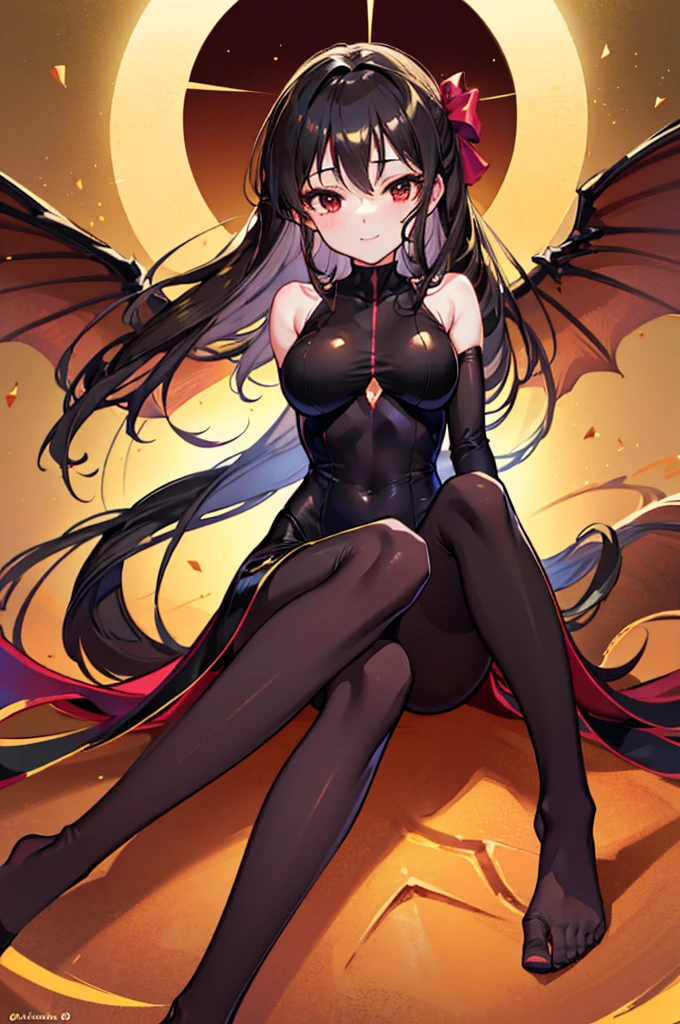 Highest quality　Highest quality　Draw a face carefully　High-definition anime-style face　Super Glowing Skin　Long black hair　Brown leotard　Golden pantyhose　Succubus　lure　smile　sit　Show the soles of your feet　Close up of the soles of the feet