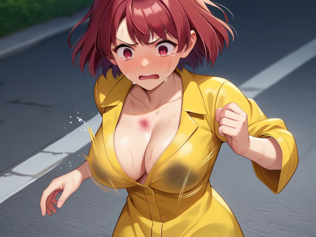 1 girl, adult girl, beautiful eyes, red eyes, Short bob haircut, (red_red hair) , (big breasts), wet, dirty feet, ((blush)), (embarrassed),(Looks),check_9, check_8_up, check_7_up, check_6_up, anime,naked in a raincoat,destroyed street in the background, Wasteland ,((runs:1.1)),(((chest bouncing in different directions:1.3))), (scream), ((dynamic frame at speed)) , ((whole body)), (all skin is dirty color) ,full length)), (((wearing a yellow raincoat:1.3))) , crying 