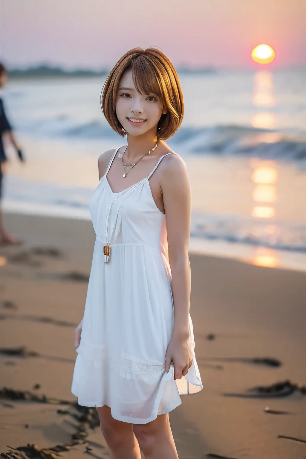 (Standing with her boyfriend on the beach watching the sunset:1.5)、(A kind smile:1.5)、(18-year-old female:1.5)、(The best quality at its best:1.4), (Super detailed), (Very detailed CG unified 16k), Beautiful woman with perfect figure: 1.4, Sharp focus: 1.2, Very detailed, High-quality RAW color photos, Professional photography, Great face and eyes, cosmetics, (Amazingly beautiful girl), ((Cute white dress:1.5)), Realistic movie faces, Full body long view from head to toe, Realistic, ((Realistic natural orange red hairstyle)), ( Short Bob Hair:1.5), (necklace:1.5)、, Very beautiful face, Perfect model beauty, Mouth swelling, Highly detailed face and skin texture, Fine grain, double eyelid, Medium chest, (masterpiece), Highest quality, High resolution, Very detailed, Blurred Background, Depth of written boundary, Cinema Lighting, Great legs, , Clear, well-maintained skin,((Full body shot from head to toe:1.5))