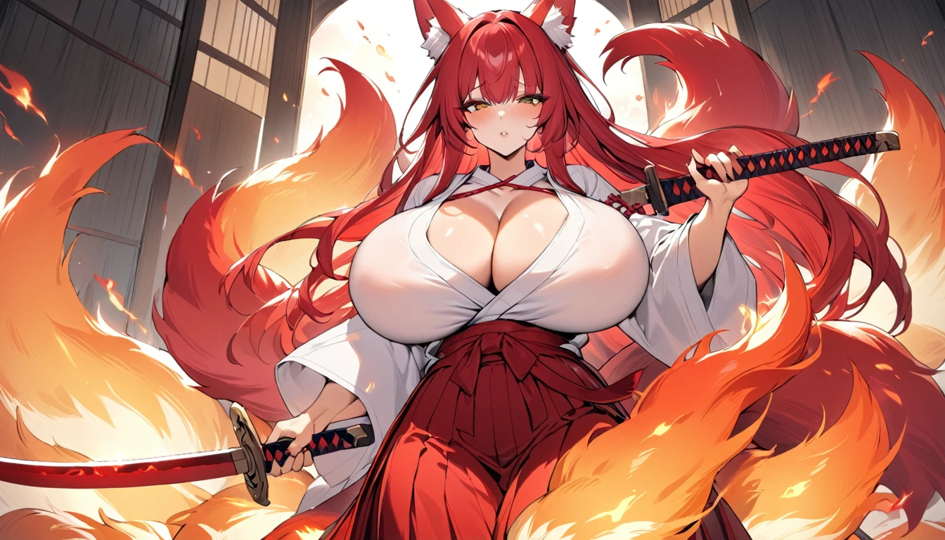4K masterpiece High brightness crimson hair Very long ponytail Bangs down Mature woman Very large bust Huge breasts Exposed hakama Fox ears and nine fox tails of the same color as the hair Burning sword、Sword、He is wearing a five-fingered flame and is holding a Japanese sword.
