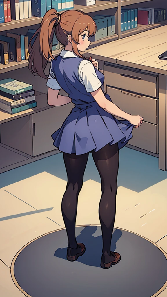 Back view,Forward bending,Picking up things,Pantyhose,shirt,high school girl,whole body,library,