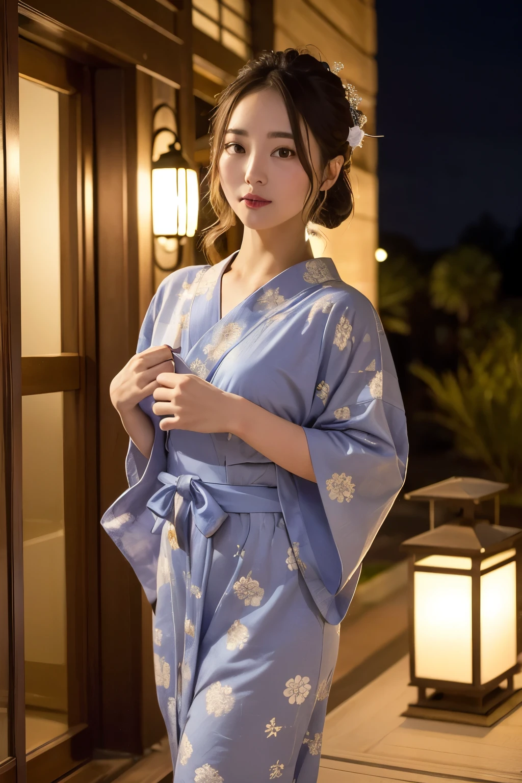 ((Highest quality)), ((masterpiece)), (detailed), One girl, yukata、Night view、Luxurious obi 、Glamour、Yellow costume、Nape、up、Erotic、sexy