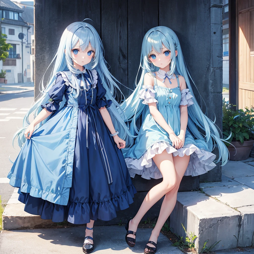 Girl with long light blue hair、Patchwork dress、Small and cute girl、Big bag(trunk)in your hand、Deep blue eyes、Full-body portrait、Staring at me with cold eyes