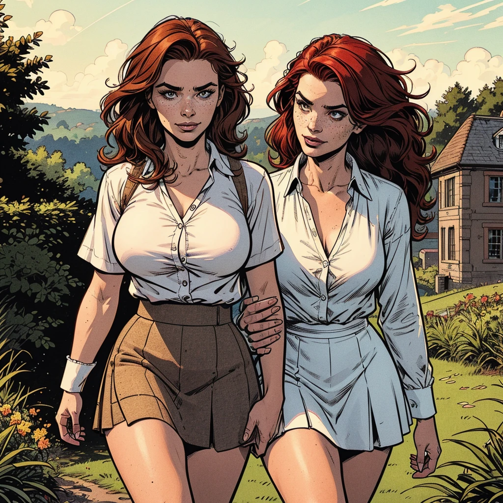 comic artwork of a pretty woman, epic, dynamic shadows, cinematic lighting, crosshatching, 2D, Sharp, Detailed, HD, HDR, High Quality, High Resolution, Masterpiece
, extremely detailed, delicate and dynamic, a beautiful woman of 40 years, mature woman, slight smile. Mahogany-red hair, brown eyes, downturned eye shape, black eyebrows, strong eyebrows. High cheekbones, strong chin. Freckles. Huge breasts, voluptuous, broad hips. Wearing a white blouse, tweed skirt. (Walking across beautiful English countryside)