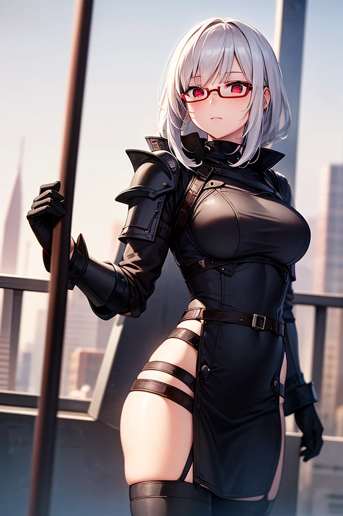 Masterpiece, solo, female, 1girl, 4k, standing, outdoor, white hair, glasses, short, futuristic black soldier armor, cowboy shot's, Bokeh,red eyes, female soldier, soldier armor
