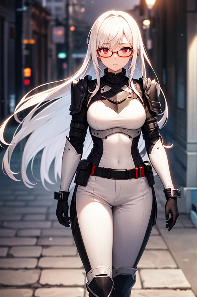 Masterpiece, solo, female, 1girl, 4k, standing, outdoor, white hair, glasses, short, futuristic black soldier armor, cowboy shot's, Bokeh,red eyes