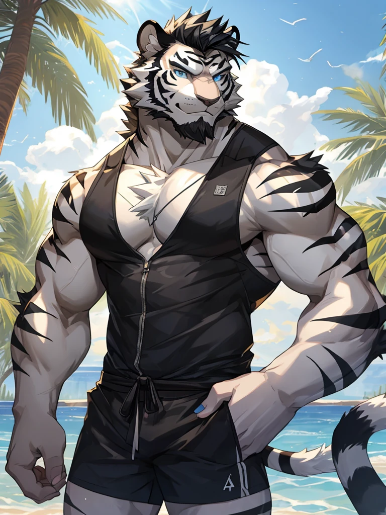 Masterpiece, Solo, Furry Black White Tiger, Blue Eyes, Medium Black Hair, Medium Black Facial Hair, Muscular Body, Cool Pose, Handsome, Good Looking, Adult, Fierce, Smirking, Summer outfit, summer background.