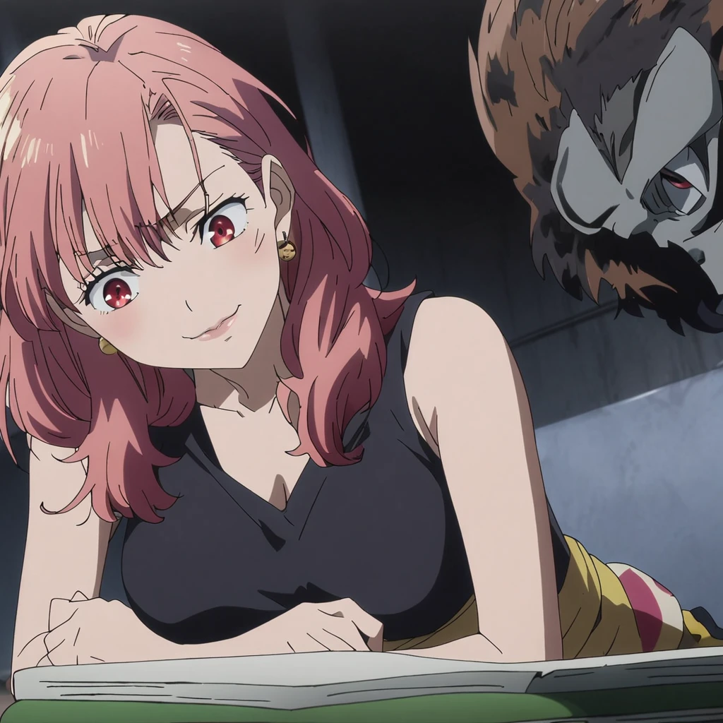 1girl, female ((sukuna)), anime screencap from jujutsu kaisen, ((Sukuna female version)) solo, long_hair, ((red eyes)) ((sukunatatoo, evil grim)) ((Pink_hair, hair parted from between)), night view, (hanging breasts) upper_body, smile, indoors, book, lips, (long hair) ((wearing black one piece, glossy)) breast, "very detailed and high resolution" (red eyes) ((solo)) (((front view))) (earings) ((high resolution)) ((good quality)) ((silky hair, hair slicled back from one side)) ((shy))