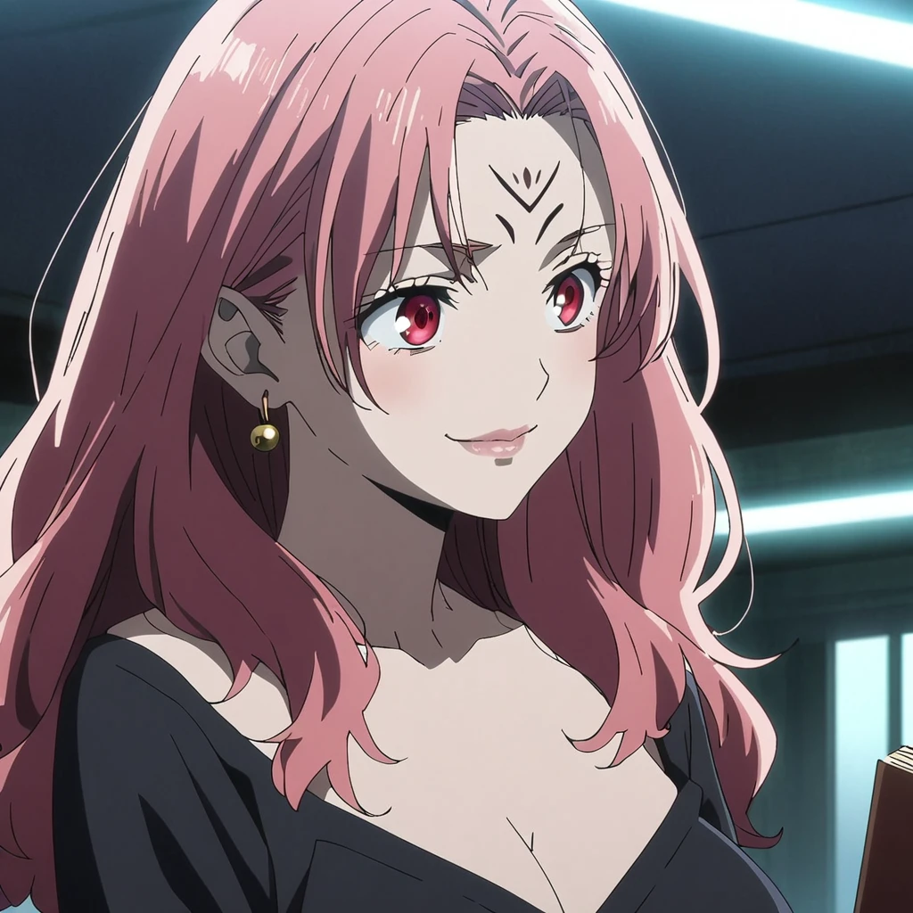 1girl, female ((sukuna)), anime screencap from jujutsu kaisen, ((Sukuna female version)) solo, long_hair, ((red eyes)) ((sukunatatoo, evil grim)) ((Pink_hair, hair parted from between)), night view, (hanging breasts) upper_body, smile, indoors, book, lips, (long hair) ((wearing black one piece, glossy)) breast, "very detailed and high resolution" (red eyes) ((solo)) (((front view))) (earings) ((high resolution)) ((good quality)) ((silky hair, hair slicled back from one side)) ((shy))