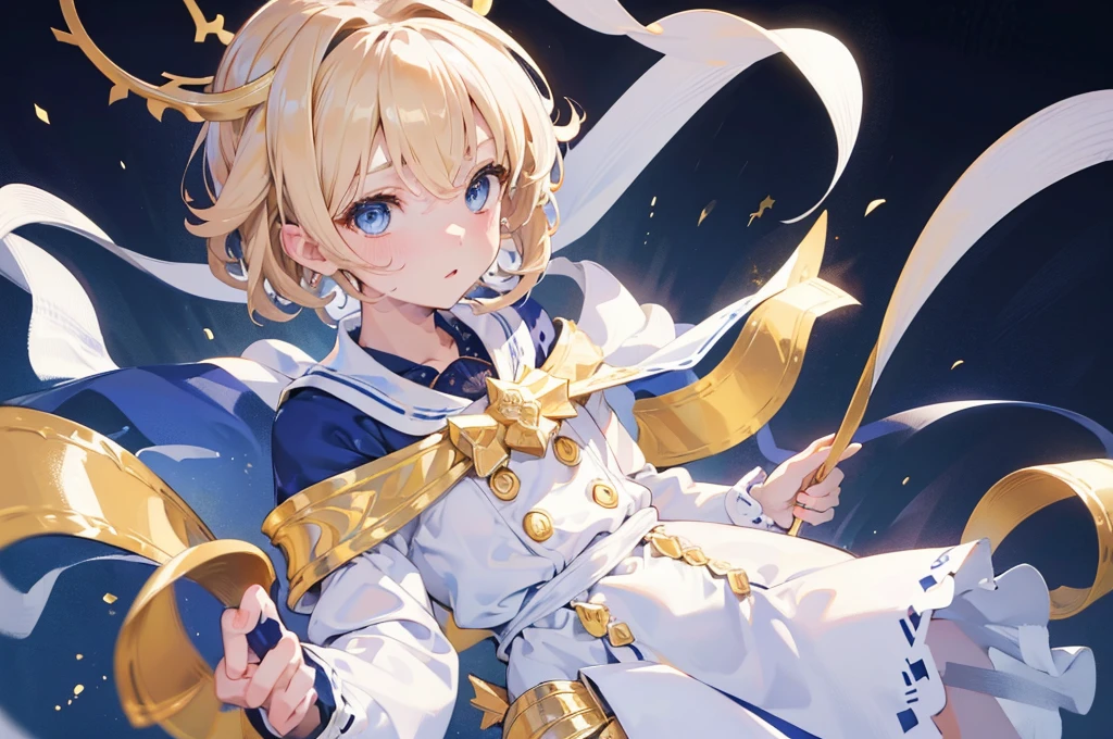 (Highest quality) (4K) (8k) (High resolution) (masterpiece:1.2) (Super detailed) One boy short hair Wizard Blue Eyes Long sleeve Golden decoration Hair between the eyes White Dress Wavy golden hair Upper Body (large crown) (White Background) front Face close-up Cast a spell
