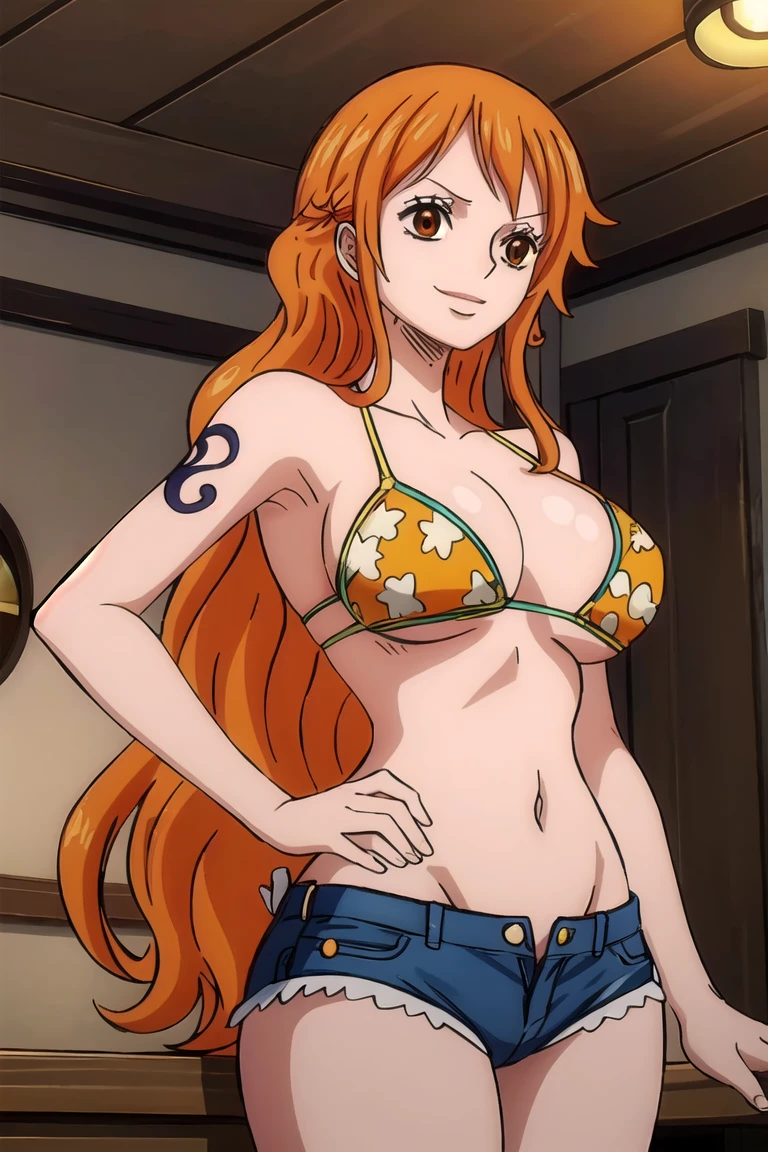 nami,((long straight orange hair )) , shoukder tattoo (8k, RAW photo, best quality, masterpiece:1.2), (intricate details), big breasts , wide hips , milf body ,sexy body, perfect eyes, perfect face, perfect lighting, beautiful, (masterpiece:1.2), (best quality:1.2), 1girl, , micro bikini top , denim shorts , bedroom ,smile