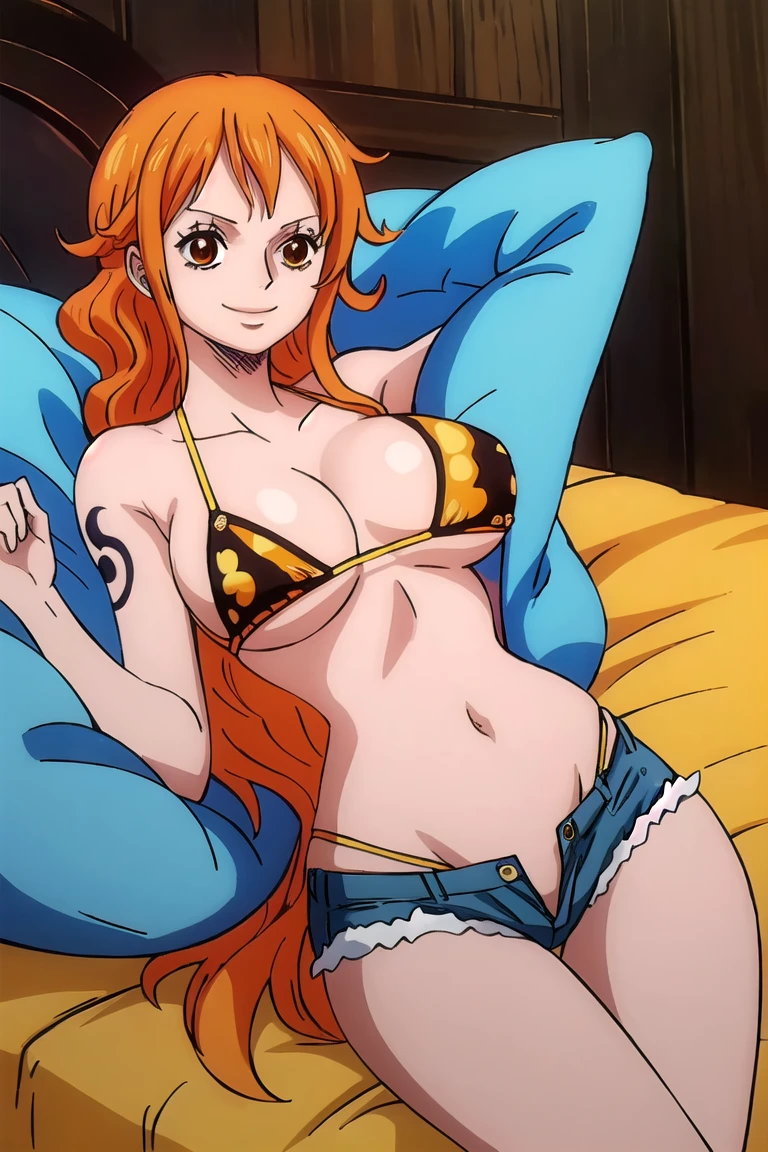 a cartoon picture of a woman in a bikini top and jeans, nami one piece, nami from one piece, nami, beautiful portrait of nami, from one piece, oppai, blue eyes, smoking, ponytail, nsfw