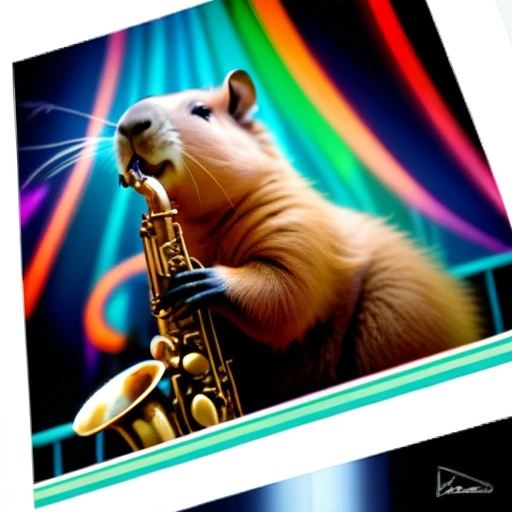 low angle, The photo shows a cute capybara wearing black sunglasses and playing the saxophone on a stage. psychedelic ocean background, the head is raised. The overall impression is humorous and adventurous. The intricate details of the mouse's fur, whiskers and claws are meticulously reproduced and make it appear lifelike.