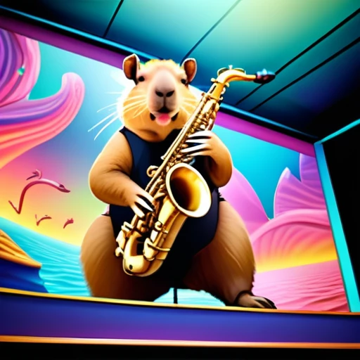 low angle, The photo shows a cute capybara wearing black sunglasses and playing the saxophone on a stage. psychedelic ocean background, the head is raised. The overall impression is humorous and adventurous. The intricate details of the mouse's fur, whiskers and claws are meticulously reproduced and make it appear lifelike.