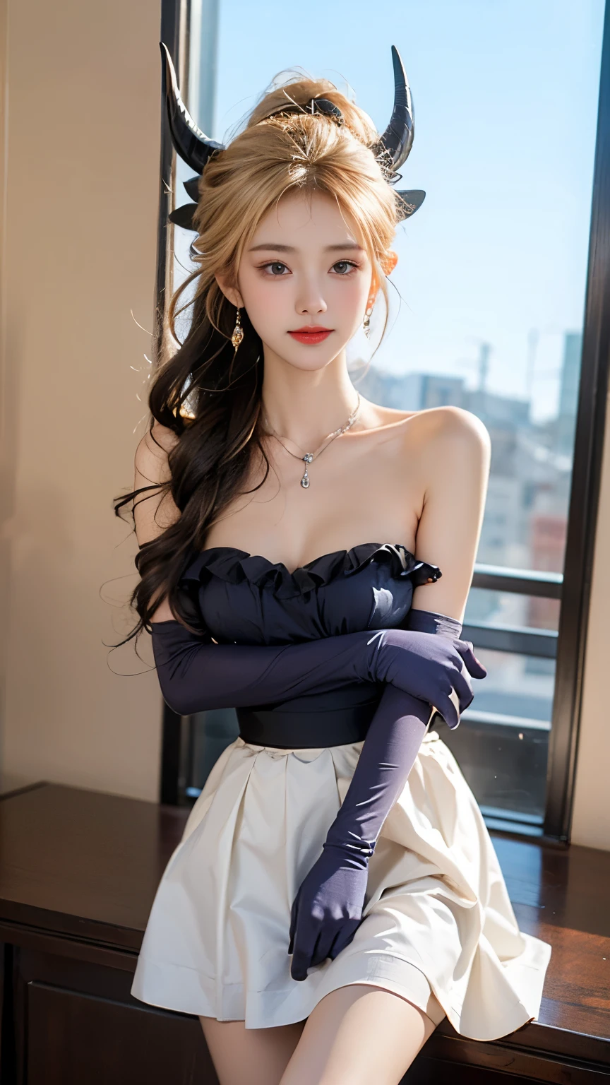 1girl, 独奏, jewelry, horns, necklace, bare shoulders, bangs, blush, dress, earrings, gloves, sorasaki hina (dress), elbow gloves, sidelocks ((knee shot)), ((Shoot at random angles)), ((Visible cleavage)), ((E-cup)), ((I-type Valley)), ((Warm colors)), Long-range shooting, A beautiful woman，Elegant posture，Standing，Slender figure。Her legs are slender and straight，Cross placement，Forming a perfect diagonal composition。Head gently sideways，Long blond hair falls naturally，Gently brushing her shoulders。Soft colors，In stark contrast to her fair skin。The edge of the skirt ripples gently，As if swaying in the breeze。Her eyes were gentle，There is a faint smile on the lips。The whole picture looks very harmonious and beautiful