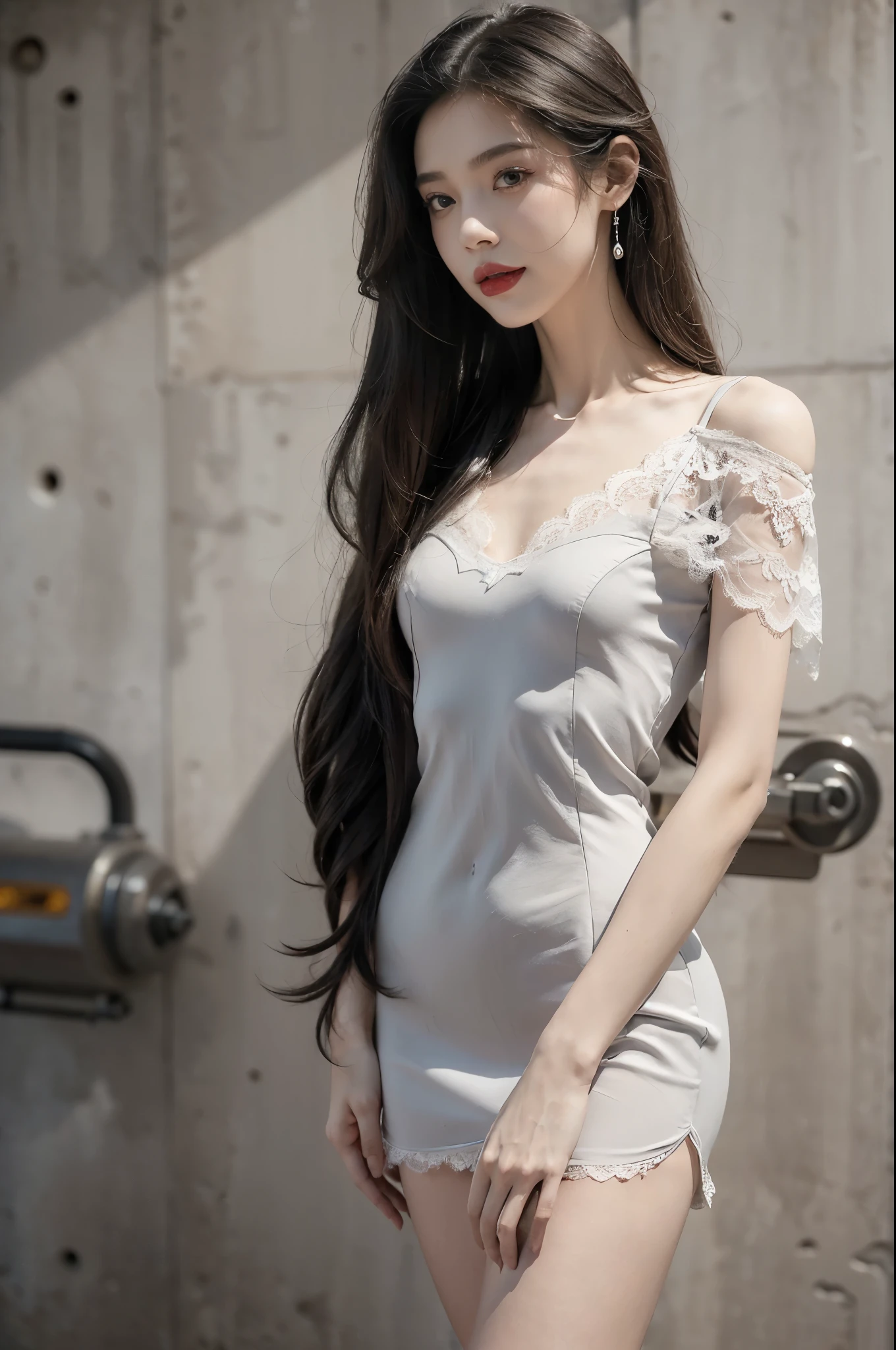 (((best quality))),(((ultra detailed))),(((masterpiece))),illustration,((1 beautiful girl,solo)),((slim,thin)),((small breasts,flat chest)),(shoulder length straight hair:1.2),summer afternoon,((unfinished concrete room,alluring,gray walls)),(short sleeves:1.2),(black lace dress:1.3),(slender legs:1.2),seductive,elegant,full bosom,fair skin,golden strands,delicate features,deep brown eyes,mischief,mystery,enchanting smile,vibrant red lips,serene beauty,self-assuredness,industrial ambiance,raw cement walls,exposed pipes,sexuality,allure,refined beauty,compelling visual narrative,seductive gaze,elegant posture,industrial backdrop,lasting impression,((standing,from front,upper body))