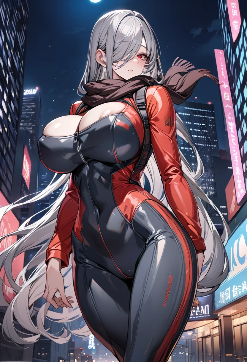 Best Quality, 8k, High resolution, high quality, masterpiece, Beautiful, (Anatomically correct:1.2), A beautiful woman, 20th Generation, Silky gray hair, Straight Long, long bangs that hide one eye, Red eyes, Beautiful Skin, Tall and toned body, pointy big breasts, Rider Suit, Scarf, Gun on your back, night, skyscraper, evil grin, (looking up), upper body,