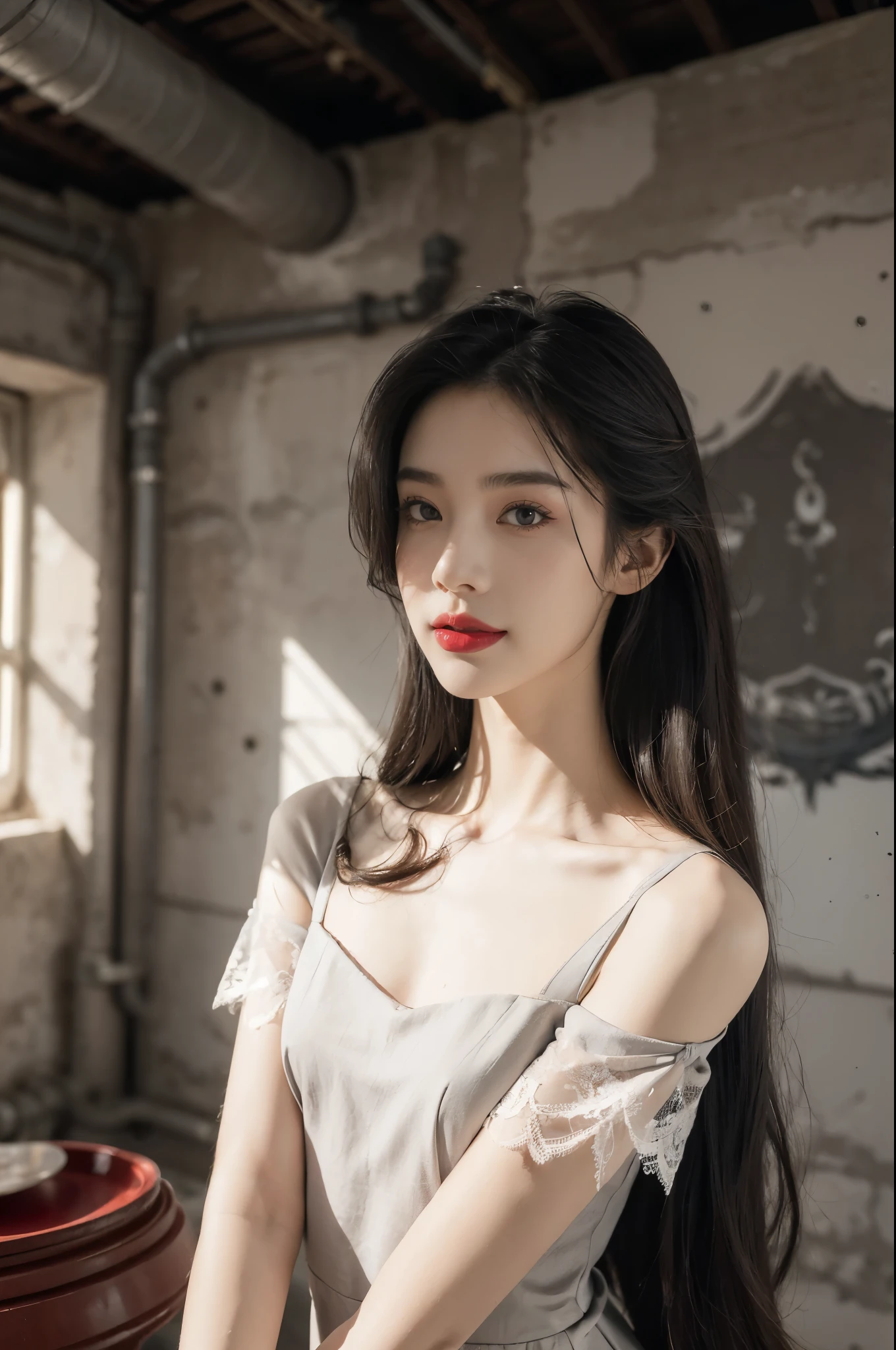 (((best quality))),(((ultra detailed))),(((masterpiece))),illustration,((1 beautiful girl,solo)),((slim,thin)),((small breasts,flat chest)),(shoulder length straight hair:1.2),summer afternoon,((unfinished concrete room,alluring,gray walls)),(short sleeves:1.2),(black lace dress:1.3),(slender legs:1.2),seductive,elegant,full bosom,fair skin,golden strands,delicate features,deep brown eyes,mischief,mystery,enchanting smile,vibrant red lips,serene beauty,self-assuredness,industrial ambiance,raw cement walls,exposed pipes,sexuality,allure,refined beauty,compelling visual narrative,seductive gaze,elegant posture,industrial backdrop,lasting impression,((standing,from front,upper body))