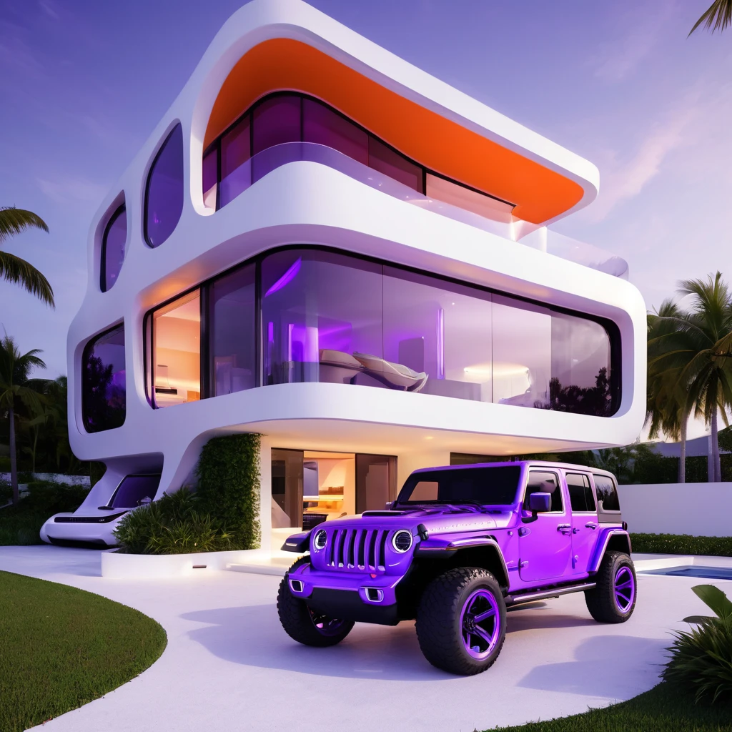 a futuristic house with a floresent purple jeep wrangler parked in front of it, cgsocietywlop, beautiful curves, intricate devilish designs, qualia, interesting shapes & form, wow factor, elaborate polished, architectural rendering, miami, orange soft lighting in interior of house, futuristic battlefield, inspired by James E. Brewton, precise architectural rendering
