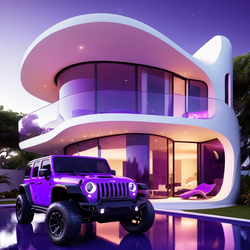 a futuristic house with a floresent purple jeep wrangler parked in front of it, cgsocietywlop, beautiful curves, intricate devilish designs, qualia, interesting shapes & form, wow factor, elaborate polished, architectural rendering, miami, orange soft lighting in interior of house, futuristic battlefield, inspired by James E. Brewton, precise architectural rendering