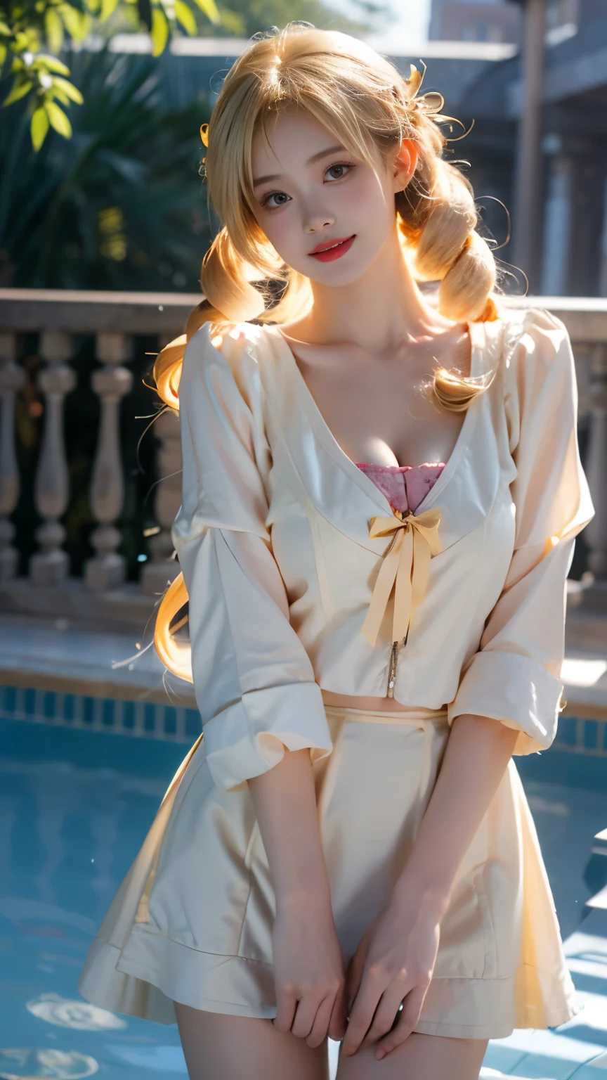 Tomoe Mami, mitakihara ,
blonde hair, twin drills, hair ornament, ((knee shot)), ((Shoot at random angles)), ((Visible cleavage)), ((E-cup)), ((I-type Valley)), ((Warm colors)), Long-range shooting, A beautiful woman，Elegant posture，Standing，Slender figure。Her legs are slender and straight，Cross placement，Forming a perfect diagonal composition。Head gently sideways，Long blond hair falls naturally，Gently brushing her shoulders。Soft colors，In stark contrast to her fair skin。The edge of the skirt ripples gently，As if swaying in the breeze。Her eyes were gentle，There is a faint smile on the lips。The whole picture looks very harmonious and beautiful